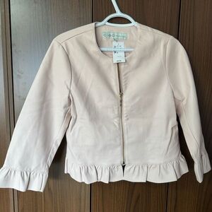 peach faux leather jacket with ruffle detailing